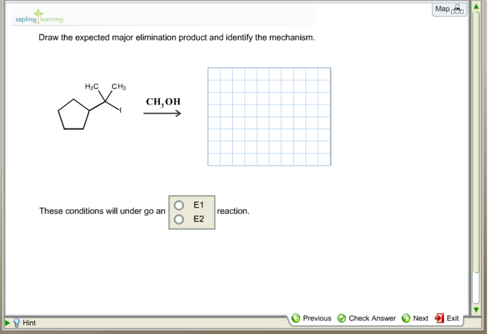 Draw the expected major elimination product and identify the mechanism